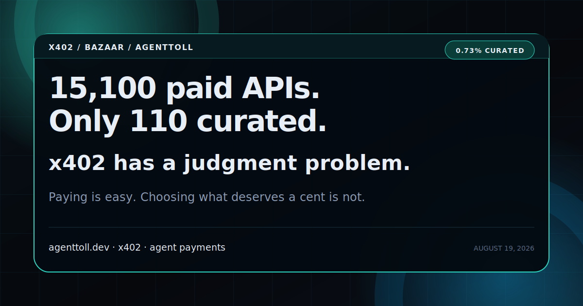 15,100 paid APIs, 110 curated: x402 has a judgment problem.